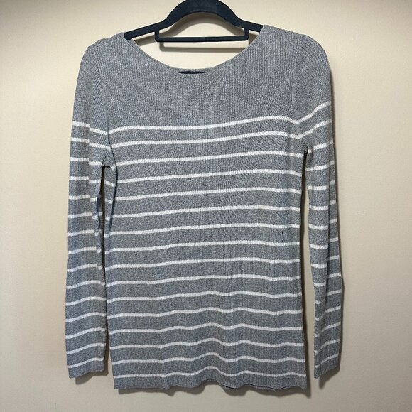 GAP Pullover Ribbed Striped Boat Neck Sweater - Gray and White, X-Small - Picture 1 of 6